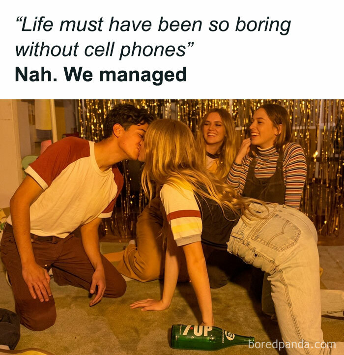 Young people playing spin the bottle, highlighting the Gen X experience before cell phones.