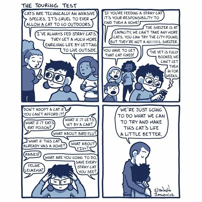 A comic series showing an artist pondering the challenges and responsibilities of caring for a stray cat. A comic series showing an artist pondering the challenges and responsibilities of caring for a stray cat.