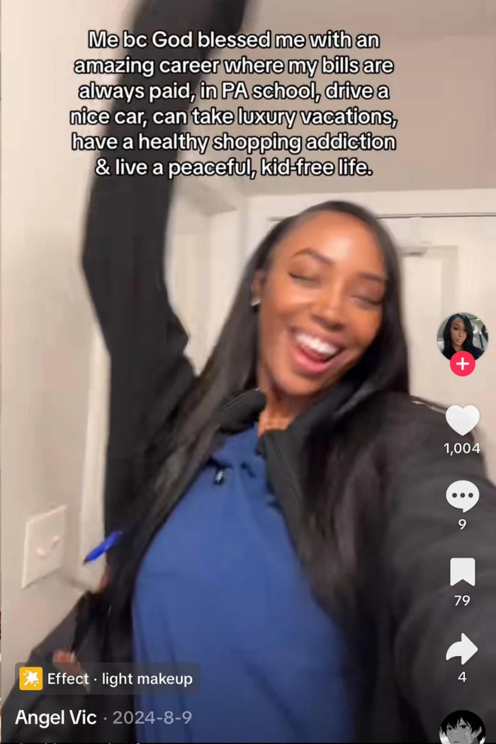 Influencer Lying About Career: Angel Vic, smiling, with text about her successful PA school career. Influencer Lying About Career: Angel Vic, smiling, with text about her successful PA school career.