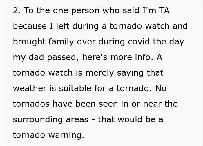 A text describing leaving during a tornado watch and family gathering, husband letting his mom control their marriage. A text describing leaving during a tornado watch and family gathering, husband letting his mom control their marriage.