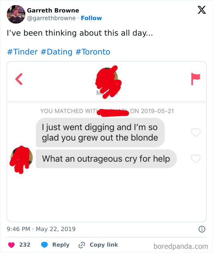 A screenshot of cringe-worthy online dating text messages from a user named Garreth Browne, showing a wild interaction.