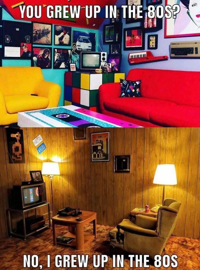 A Gen X meme comparing two rooms, one vibrantly 80s, the other more subdued, humorously defining the era.