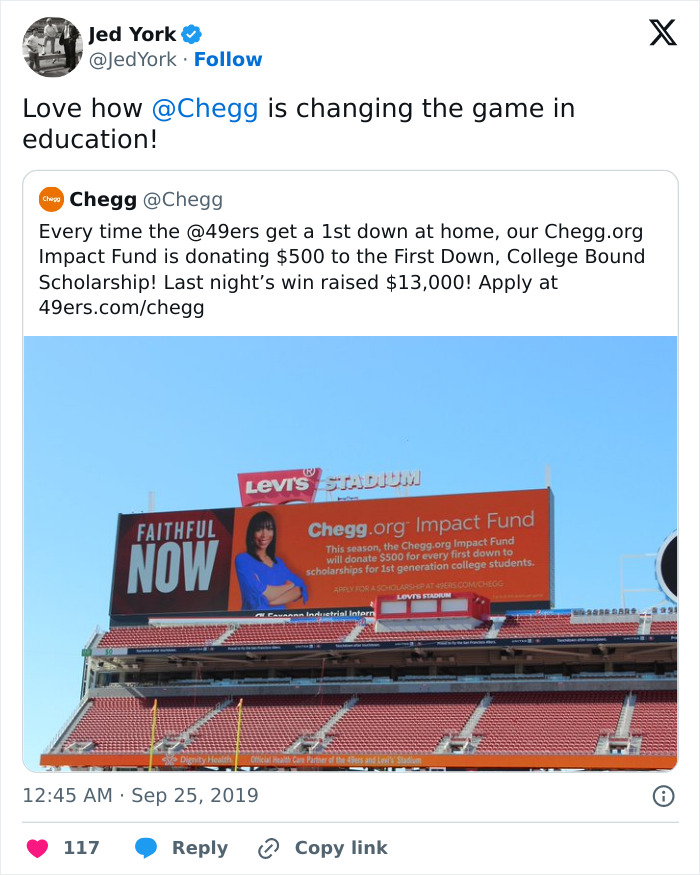 Jed York's tweet about Chegg's impact fund at Levi's Stadium, following his trailer park arrest. Jed York's tweet about Chegg's impact fund at Levi's Stadium, following his trailer park arrest.