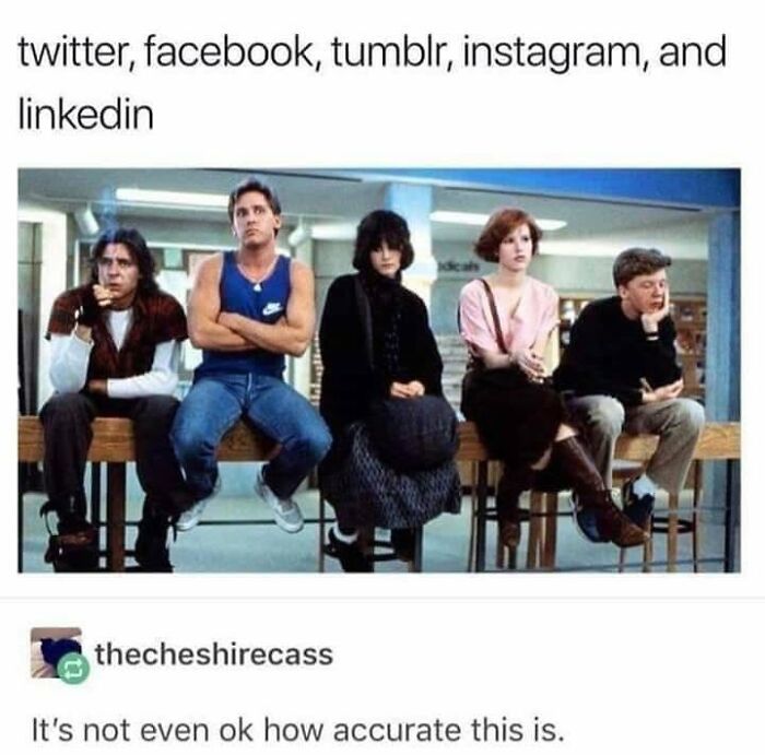A Gen X meme showing the Breakfast Club, humorously comparing the characters to social media platforms.