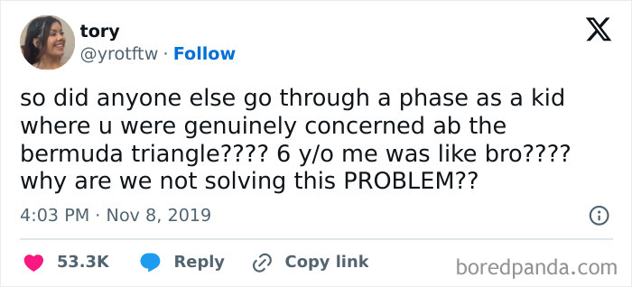 A surprisingly honest post by Tory on Twitter about being concerned about the Bermuda Triangle as a kid.