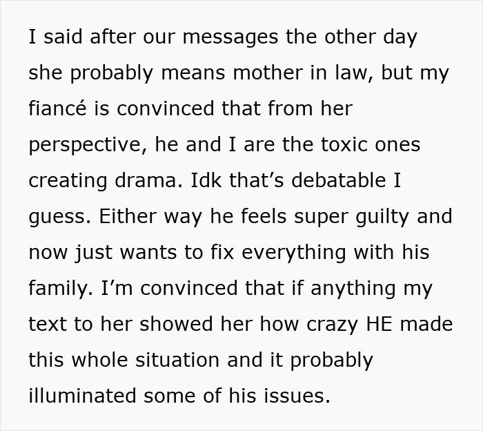 A text discussing a fiancés guilt about a wedding dispute with in-laws and family. A text discussing a fiancés guilt about a wedding dispute with in-laws and family.