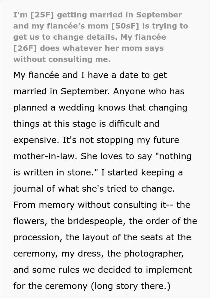 Text outlining a bride's frustration with her future mother-in-law's wedding interference and her fiancée's inaction. Text outlining a bride's frustration with her future mother-in-law's wedding interference and her fiancée's inaction.