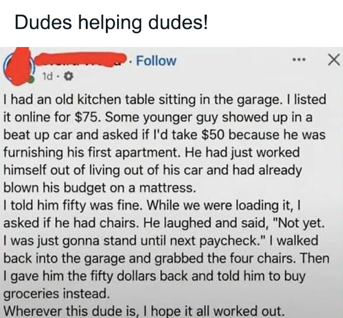 A text post about an older man giving a younger man money and chairs for his new apartment, a wholesome post.