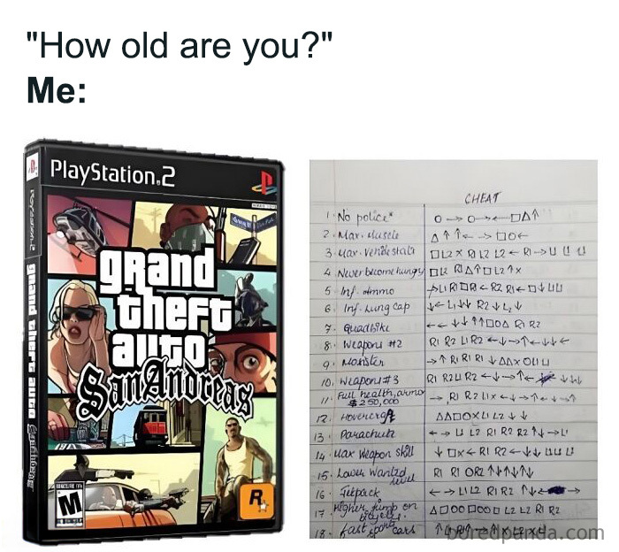 A PlayStation 2 Grand Theft Auto: San Andreas game case alongside a handwritten list of cheat codes for a nostalgic look at 90s and 00s gaming.