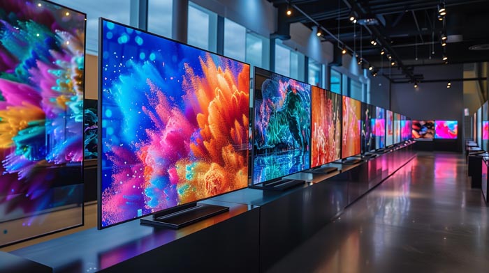 A row of large, vibrant TVs displaying colorful art in a modern showroom, highlighting dumb work rules.
