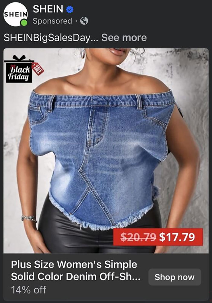 A plus-size woman models an off-the-shoulder denim top made from what looks like a pair of jeans, a bad fashion crime.