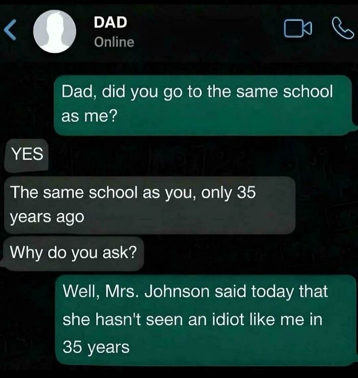 A text message conversation with a dad and son about school and funny jokes.