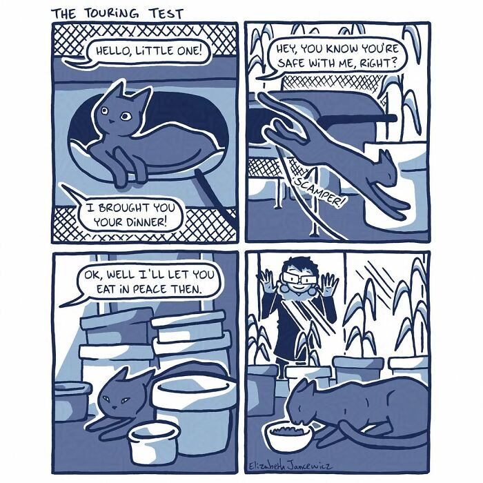 A comic series showing an artist attempting to feed a stray cat, which then scrambles away from her. A comic series showing an artist attempting to feed a stray cat, which then scrambles away from her.