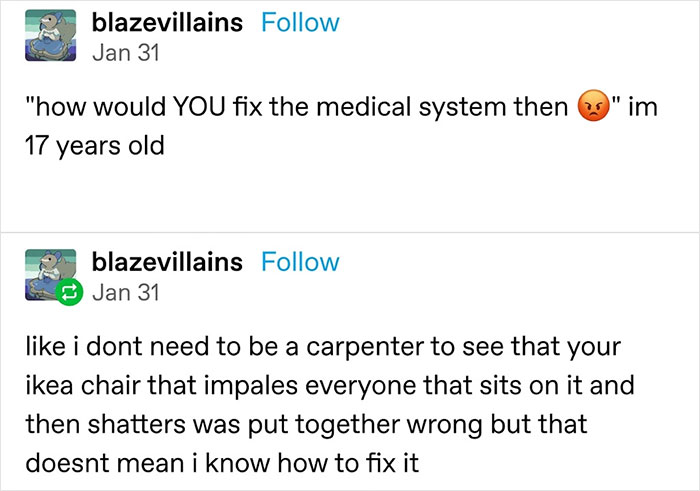 A Tumblr post about fixing the medical system and an IKEA chair analogy, one of the best Tumblr things shared.