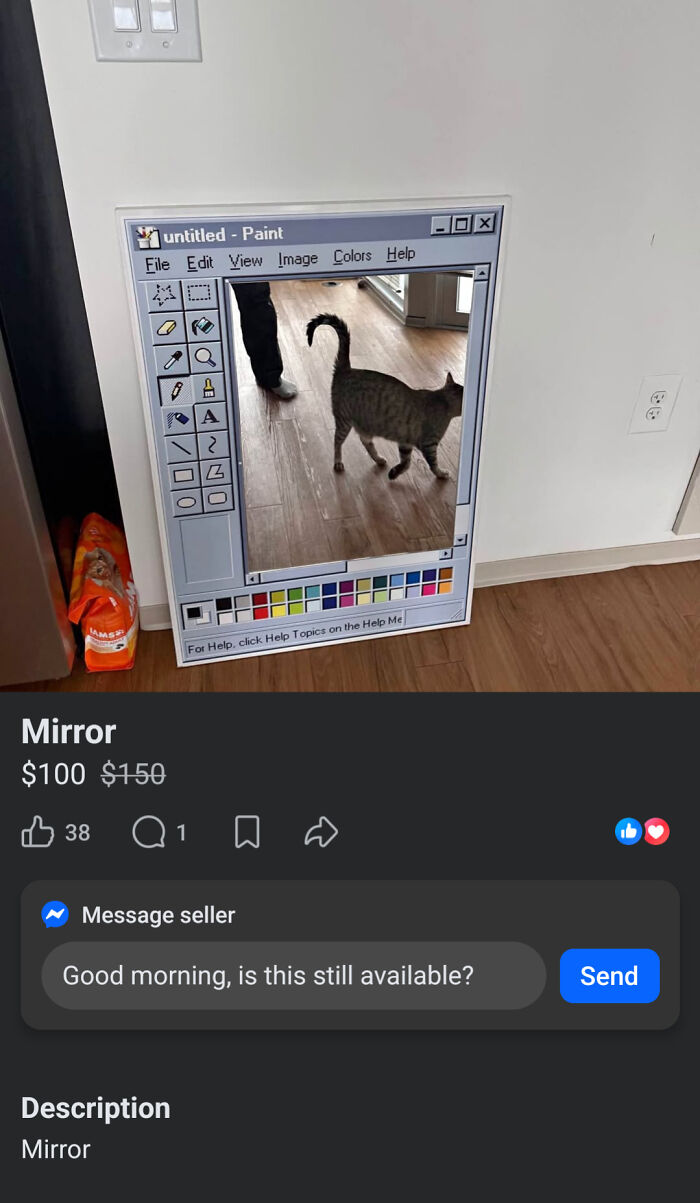 Online marketplace screenshot of a Mirror designed as a Windows Paint program window, attracting weird people.