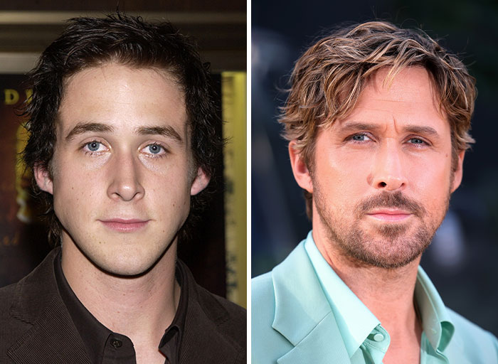 Ryan Gosling's before and after fame transformation showcasing his evolving celebrity style.