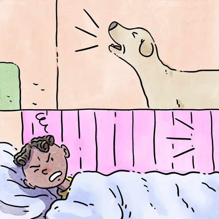 A comic showing a barking dog disturbing a sleeping baby, perfectly capturing life with pets. A comic showing a barking dog disturbing a sleeping baby, perfectly capturing life with pets.