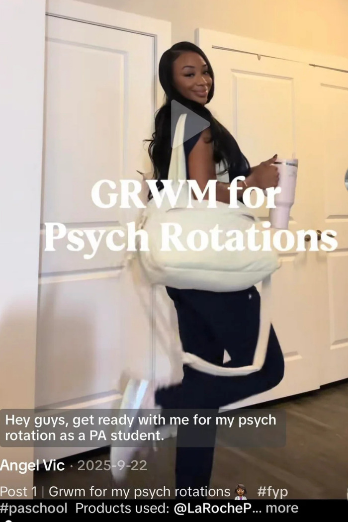 Influencer Lying About Career: Angel Vic, dressed for psych rotations, with text about being a PA student. Influencer Lying About Career: Angel Vic, dressed for psych rotations, with text about being a PA student.
