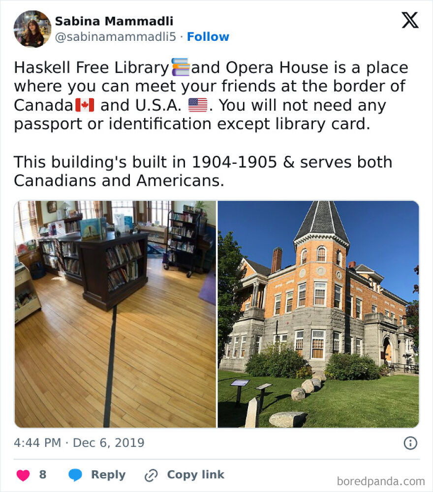 The Haskell Free Library, a unique building straddling the country borders of Canada and the U.S.A., with its interior showing a dividing line.