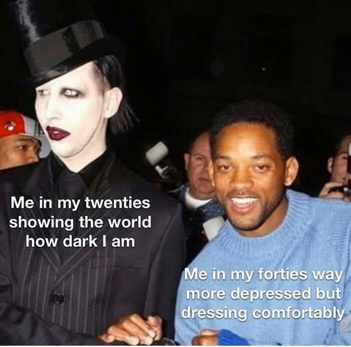 A Gen X meme contrasting Marilyn Manson and Will Smith, illustrating aging and comfort in different life stages.