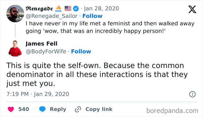 A Twitter post where one user makes a statement about feminists, and another delivers a savage verbal knockout.