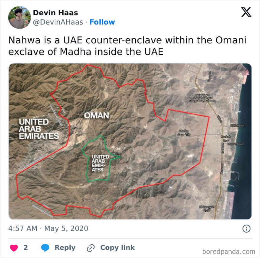 A satellite map outlining Nahwa, a UAE counter-enclave within Oman, showcasing complex country borders.