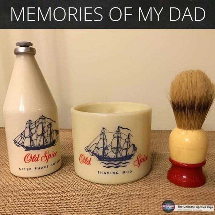 A set of Old Spice aftershave and shaving mug with a brush, symbolizing 80s memories and how old you become.