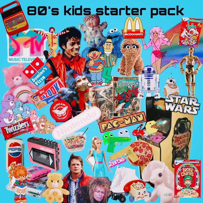An 80's kids starter pack collage, featuring various pop culture items popular with Gen X.