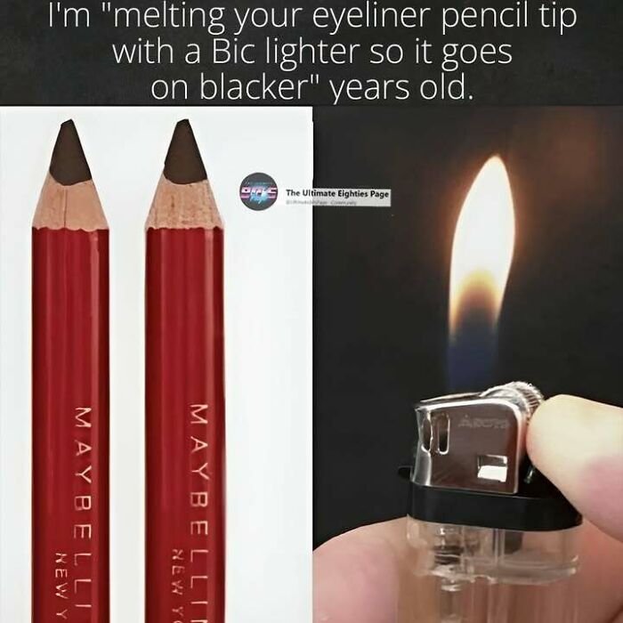 A close-up of two eyeliner pencils and a lit Bic lighter, showing a popular beauty trick from the '80s.