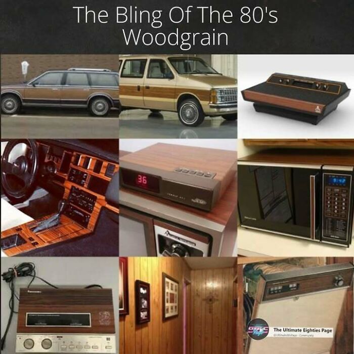 A collage of woodgrain items from the 80s, including cars, electronics, and paneling, reflecting the good time you had.