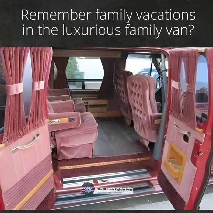 The interior of a luxurious family van with plush velvet seats, typical of '80s family vacations.