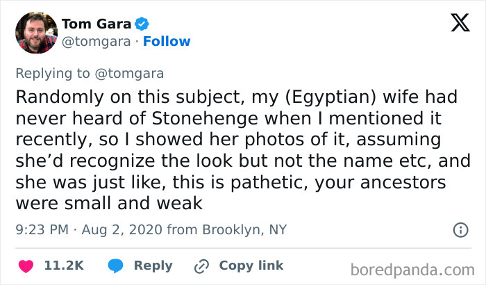 A tweet by Tom Gara @tomgara sharing a surprisingly honest post about his Egyptian wife's reaction to Stonehenge.