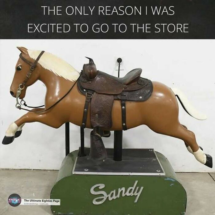 A classic coin-operated mechanical horse ride named Sandy, a nostalgic reminder of the good time you had in the 80s.