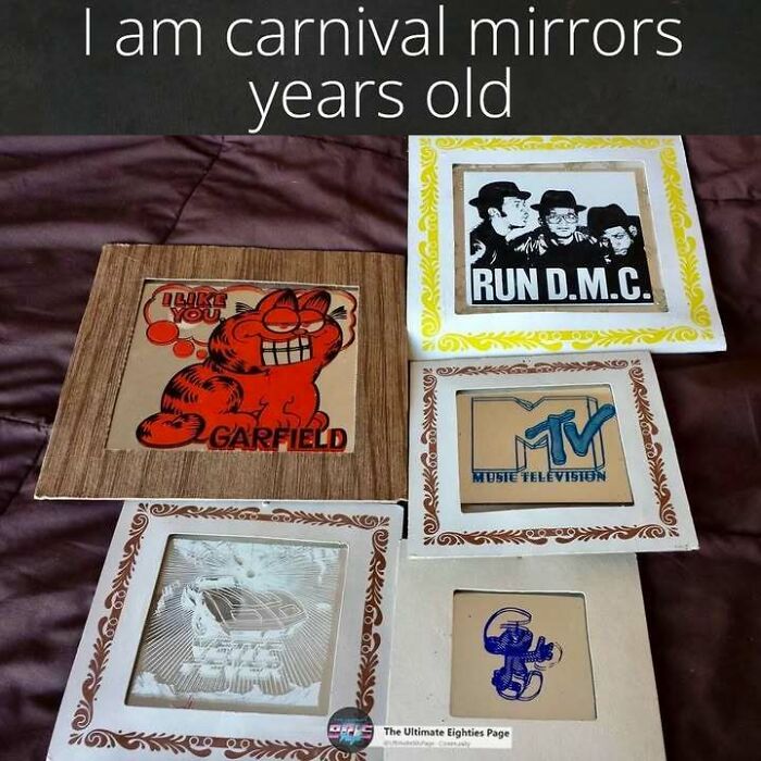 Four framed mirror art pieces from the 80s, including Run DMC and Garfield, reminding of the good time.