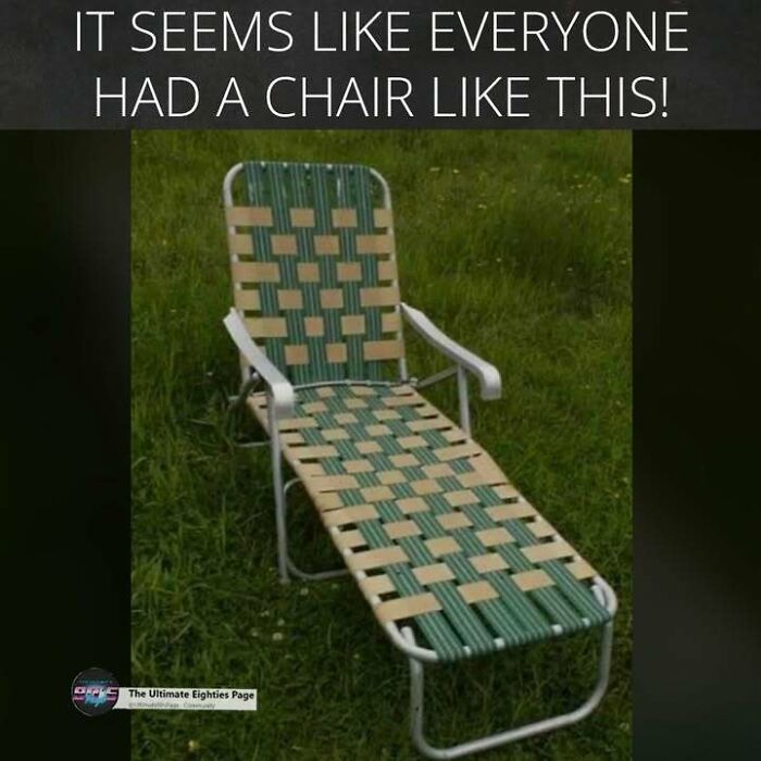 A classic green and beige woven lawn chair, a common outdoor furniture piece from the '80s, on grass.