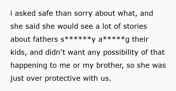 A woman discusses her paranoid mom's overprotective reasons for ruining her father-daughter bond. A woman discusses her paranoid mom's overprotective reasons for ruining her father-daughter bond.