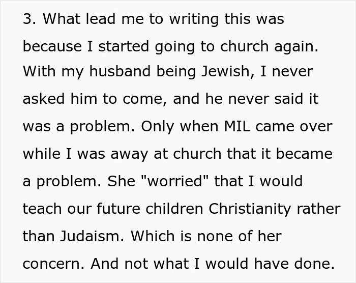 A woman recounts how her husband's mom started controlling their marriage over religious differences. A woman recounts how her husband's mom started controlling their marriage over religious differences.