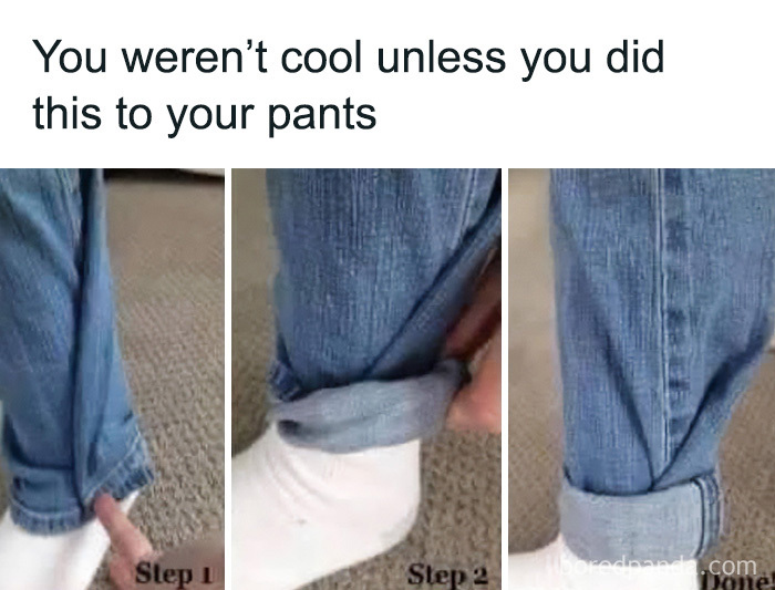A three-step image showing how to cuff jeans, a classic style choice for Gen X.
