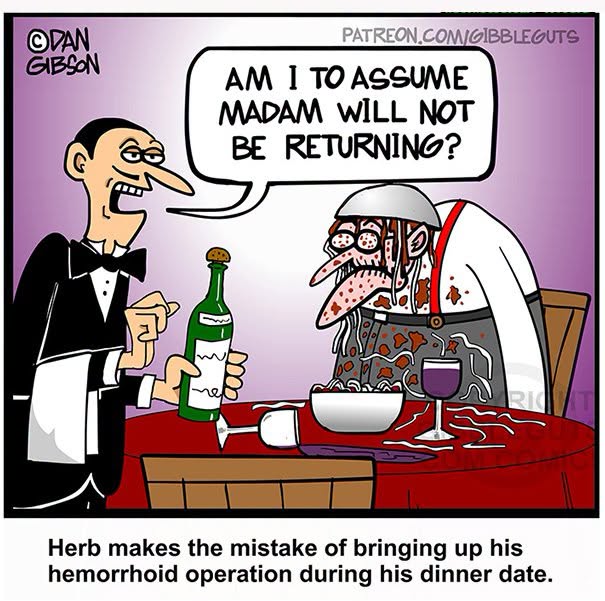 A Dan Gibson comic shows a waiter holding wine for a messy man at dinner, proving growing older doesn't mean growing up.