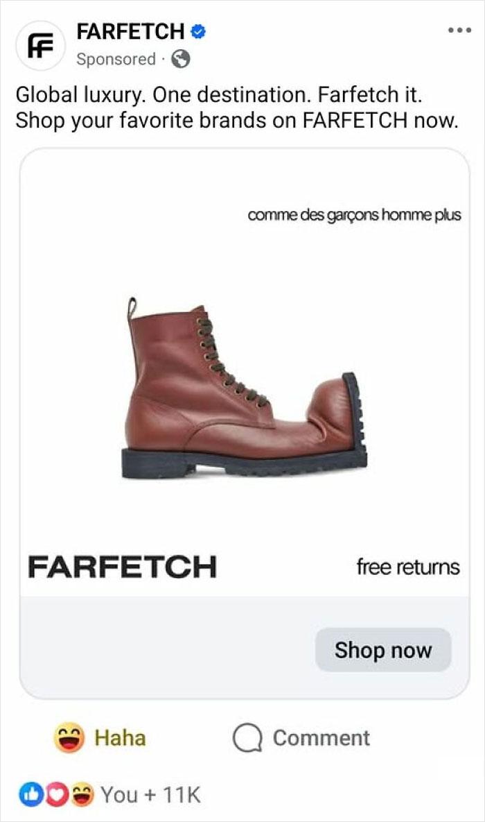 A single brown leather boot with an exaggerated, unwearable toe design, a clear example of hilariously bad fashion.