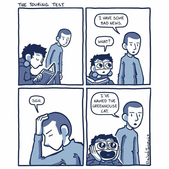A comic series showing an artist telling a man she has named the greenhouse cat, which the man reacts to with a sigh. A comic series showing an artist telling a man she has named the greenhouse cat, which the man reacts to with a sigh.