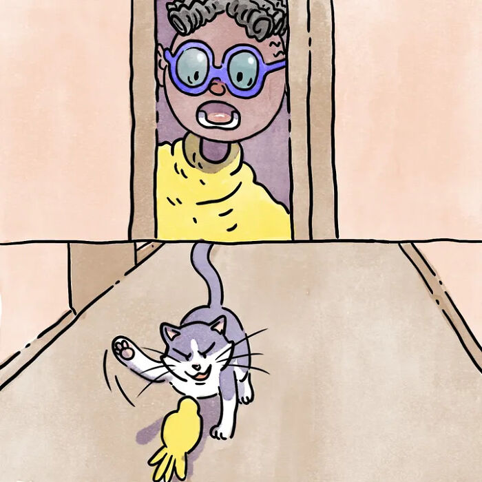 Heartwarming comics: a person with blue glasses watches as a cat playfully attempts to catch a small bird. Heartwarming comics: a person with blue glasses watches as a cat playfully attempts to catch a small bird.