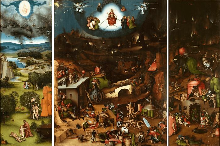 A triptych painting with various scenes, including heaven, hell, and earthly figures. These are hidden gems by famous artists.