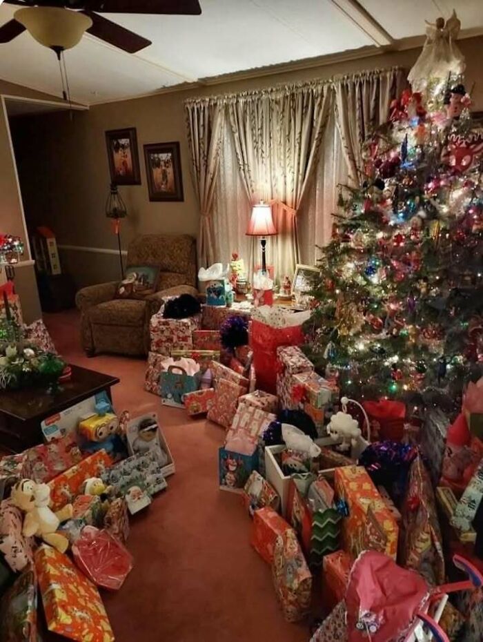 A living room overflowing with Christmas presents, a nostalgic scene from the 80s that reminds you of good times.