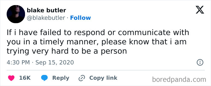 A Serotonin Meme tweet from Blake Butler about trying to be a person, bringing comfort.