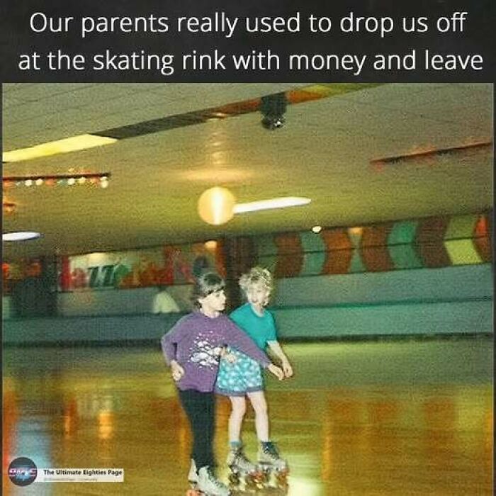 Two kids roller skating at a retro skating rink, a classic 80s pastime.