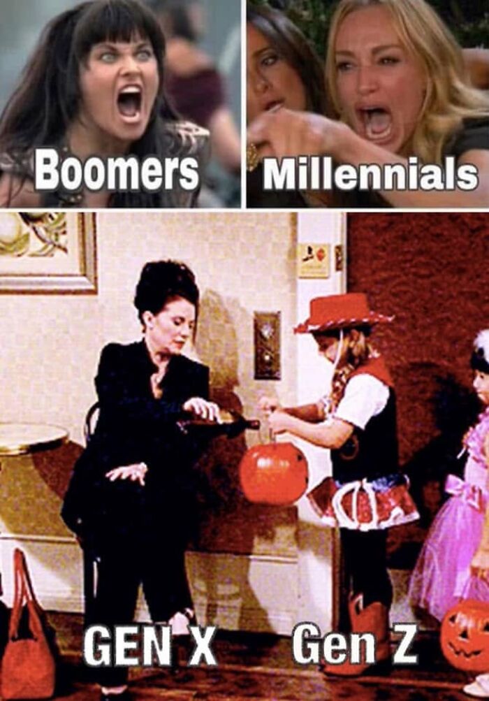 A multi-panel meme contrasting Boomers, Millennials, Gen X, and Gen Z interactions.
