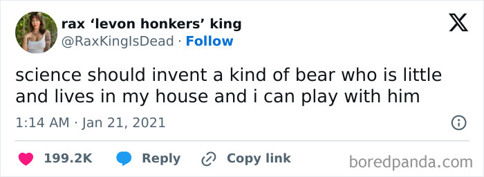A serotonin meme tweet suggesting science invent a bear to live at home for play, bringing comfort.
