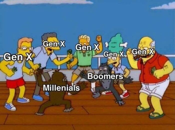 A Simpsons meme showing Gen X, Millennials, and Boomers in a multi-generational rumble.