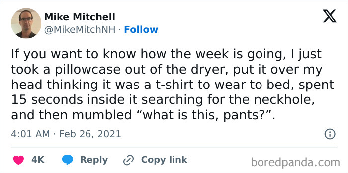 A surprisingly honest post on Twitter about mistaking a pillowcase for a t-shirt, highlighting relatable morning struggles.